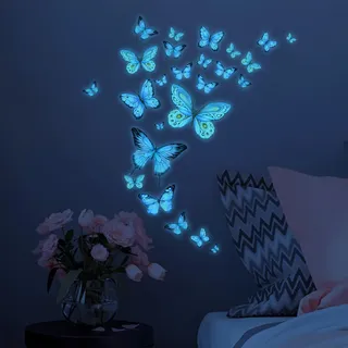 Blau Wandaufkleber Kinderzimmer,3D Schmetterlinge Leuchtende Wandtattoo,Wandaufkleber Schmetterlingsaufkleber,Luminous Butterfly Wandsticker Deko,für Schlafzimmer Kinderzimmer Wohnzimmer Wanddeko