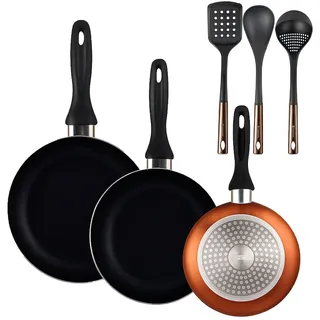 BERGNER - Set aus 3 Pfannen Ø16/20/24cm aus gepresstem Aluminium in metallic-bronze mit Set 3 Küchenutensilien aus schwarzem PBT und Kupfer