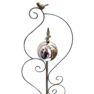 DEKO TRADER Edler Gartenstecker aus Metall mit Chrom-Kugel und Vogel, 126cm, blau mit antikem Rost-Look