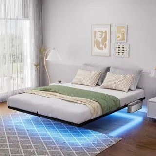 140 x 200 cm großes schwebendes Metallbett mit LED-Beleuchtung, Metalllattenrost, stabilem und robustem schwebendem Bettrahmen