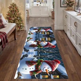 YJDRUG Vintage Schneemann Weihnachts-Läuferteppich 60x150 cm, Frohes Neues Jahr Landhausstil Fußmatte, rutschfest waschbar für Küche, Eingang, Waschküche, Schlafzimmer