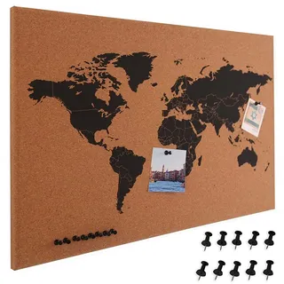 BAKAJI Pinnwand Weltkarte aus Kork Landkarte Weltkarte Holzrahmen Größe 60 x 40 cm Wand Modernes Design mit 0 Reißnägeln Geschenkidee