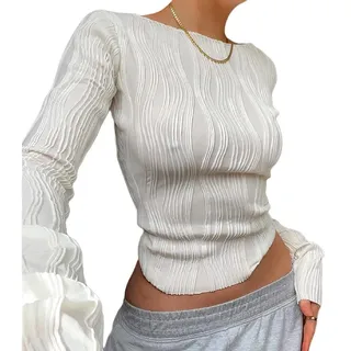 shownicer Damen Rückenfrei T-Shirt Y2K Langarm Crop Top Sexy Rücken Oberteile Y2K Party Cropped Tee Shirts Teenage Aesthetic Mädchen Outfits Rundhals Langarmshirt Streetwear