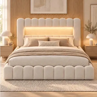 DULRLLY Polsterbett Bubble Bett 140x200 mit Stauraum, USB-Ladefunktion &LED-Beleuchtung, Hydraulisches Stauraumbett Bettgestell mit Lattenrost, Doppelbett mit Bettkasten, Leinen,Ohne Matratze