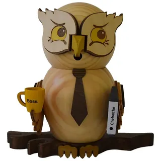 Drechslerei Kuhnert Rauchfigur/Räucherfigur - Eule Chef mit Kaffee aus Massivholz - ca. 15 cm - Made in Germany