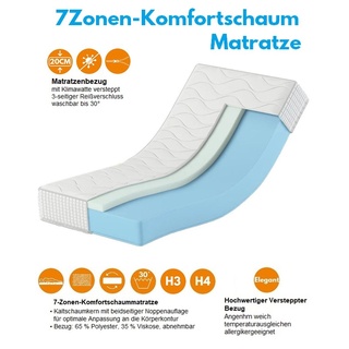 Komfortschaum Matratze 140 x 200 25 cm Karex® Komfort H3 H4 Orthopädische Matratze 7 Zonen Bezug mit reißverschluss