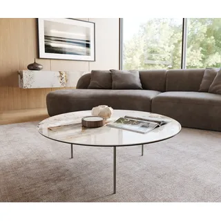 DELIFE Couchtisch Edge, Rund 100x100 cm Keramik Minas Melange Trive Metall Effektfinish Titan beige|weiß Gerade Kante Rund | 100 cm x 34 cm x 100 cm