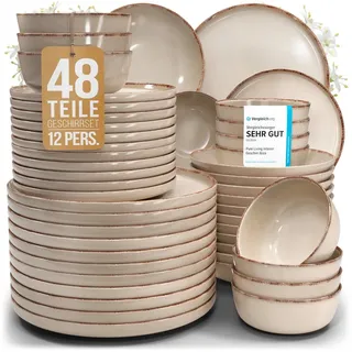 PURE LIVING INTERIOR DESIGN Geschirr-Set Pure Living »Rustic« (48-tlg), 12 Personen, Steingut, Beige, 12 Personen, Steingut, Mediterrane Handwerksoptik, Reaktive Glasur – jedes Stück einzigartig... beige|schwarz