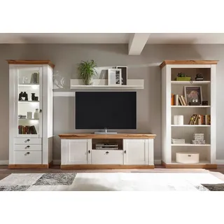 Wohnwand HOME AFFAIRE "Cremona, Anbauwand im Landhausstil, Komplettset, Wohnzimmer-Set", weiß (pinie weiß nb, pinie weiß nb, applikation wotan eiche nb), B:387cm, Kastenmöbel-Sets, Wohnwand, enthält Regal, Vitrine, Lowboard und Wandboard, 387 cm breit