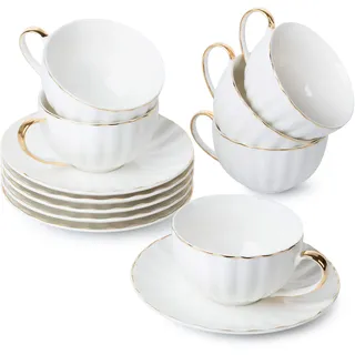 BTaT- Teetassen und Untertassen, 6er Set (200 ml) mit Goldrand und Geschenkbox, Cappuccinotassen, Kaffeetassen, weiße Teetassen Set, britische Kaffeetassen, Espressotasse, weiße Tasse