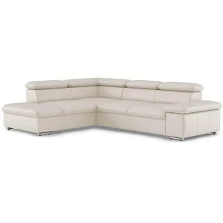 CAVADORE Echtleder-Schlafcouch Valerie mit Ottomane / Ecksofa mit Bettfunktion + Kopfteilverstellung / 272 x 73 x 226 / Leder Weiß