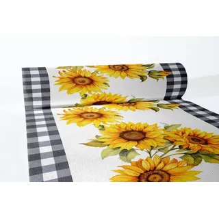 MANK Tischläufer Himari aus Linclass® Airlaid, 40 cm x 24 m, 1 Stück, Sonnenblumen-Design mit schwarz-Grauer Karoumrandung