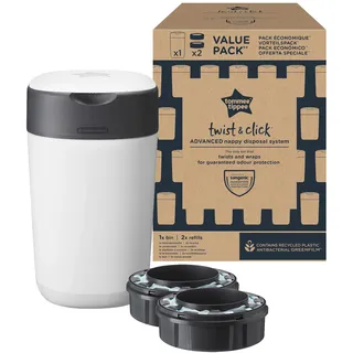 TOMMEE TIPPEE Twist and Click Advanced Windeleimer mit 2 Nachfüllkassetten, garantierter Geruchs- und Keimschutz, großes Fassungsvermögen (Verpackung kann variieren)
