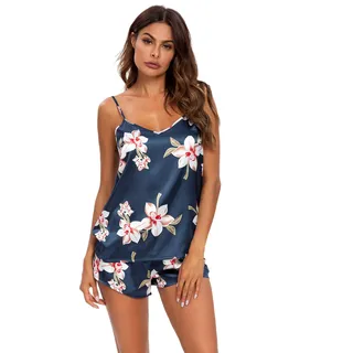 GOSO Damen Schlafanzug Pyjamas Set-Satin Pyjama Damen Ärmellos Top und Kurze Hose Nachtwäsche Lady Nightwear Soft Lounge Sets - L