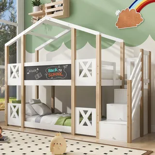 Merax Hochbett für Kinder, Kinderbett Etagenbett 90x200 cm mit Treppe und Schublade, Hausbett mit Rausfallschutz und Lattenrost, Spielbett mit Zwei Liegeflächen und Graffiti-Tafel, Natur & Weiß