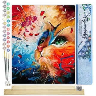 Figured'Art Malen Nach Zahlen Erwachsene Mit Rahmen Farbige Katze - Paint by Numbers Basteln DIY Bastelset 40x50cm Mit Keilrahmen (nicht gespannt)