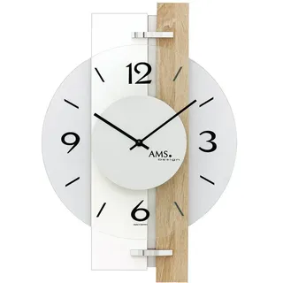 AMS 9557, aktuelles Wanduhren-Design mit Gehäuse aus Sonoma-Eiche - Aluminium-Applikationen und Glas-Elementen, Designer Wohnzimmeruhr modern, Wanduhr geräuscharm für Büros und Geschäfte