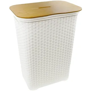 hrb Wäschebox Wäschekorb mit Bambus Deckel, Wäschesammler, Wäscheaufbewahrung, 65 Liter Volumen, schicker Bambusdeckel, Feuchtigkeitsresistent weiß