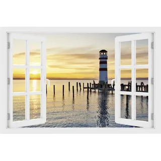 DesFoli Wandtattoo Leuchtturm am Meer - verschiedene Rahmentypen DW000091 Farbe Fensterrahmen Querformat, Größe 90 cm x 60 cm
