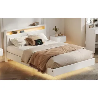 VASAGLE Bettgestell, Doppelbettgestell, 140 x 200 cm, schwebender visueller Effekt, Bett mit LED-Beleuchtung, hohem Kopfteil, Ladestation, modern - Weiß