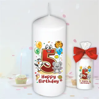 Stumpenkerze - Geburtstagskerze zum 5. Geburtstag, Happy Birthday - Motive auf Tattoofolie | Geschenkfolie und Schleife | Kerze mit Geburtstagszahl Zahl in Geschenkverpackung zum Kindergeburtstag