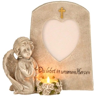 Grabschmuck Engel neben Trauerstein mit Foto Fenster Teelicht und Aufschrift Du lebst in unseren Herzen Grabdekoration