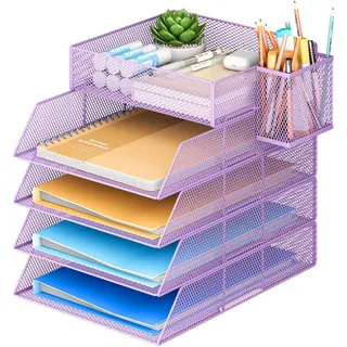VITVITI Stapelbare Briefablage, Schreibtisch Organizer mit 5 Aktenhalter und 1 Stiftehalter, für A4 Dokument, Büro Organizer aus Metall, Schreibtischablage für Büroablage, Postkörbe (Purple)