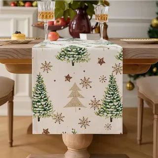Vorysum Weihnachten Tischläufer Beige Grüner Weihnachtsbaum Schneeflocken Weihnachten Tischläufer Modern Saisonnal Winter Küche Tisch Dekoration Drinnen Urlaub Party Dekor 40x140 cm (Weihnachtsbaum