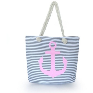 Sonia Originelli Umhängetasche Strandtasche maritim mit Ankerprint Seilkordel Reißverschluss grau|rosa