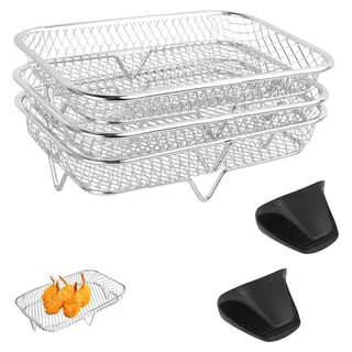 3er-Set rechteckige Edelstahl-Grillroste, stapelbar, für Ofen & Airfryer - Silber