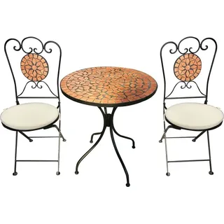 Bistro-Set aus Eisen, 1 Tisch, 2 Stühle mit runden Sitzkissen, Mosaik - Beige