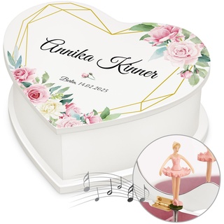 Maverton personalisierte Musikschmuckdose in Herzform mit Aufzieh-Spieluhr - Schmuckkästchen Ballerina Spieldose - Herz Schmuckkiste für Mädchen zur Taufe Erstkommunion - zu Weihnachten - Blumen