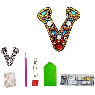 MEDOYOH Buchstaben V DIY Diamant Malerei Schlüsselanhänger, Retro Diamond Painting Buchstabe Schlüsselanhänger Acryl DIY Kunst Strass Diamant für Anhänger Tasche Dekor Brosche
