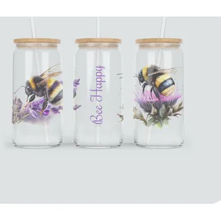 online-hut - Trinkglas - Longdrink Glas - Becher aus Glas inkl. Deckel und Strohhalm - mit Biene und Bee Happy Schriftzug - TB-05 (Transparent)