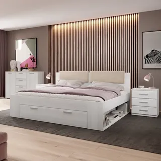 Schlafzimmer Komplett Set GRAZ-83 mit Doppelbett und Schubkasten in Abisko Eiche Nb., b/h/t: ca. 394/94/205 cm