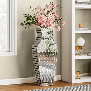 SHYFOY Verspiegelte Bodenvase Kristall Groß Bodenvase Glas, Spiegelfläche, MDF-Struktur, Deko Bodenvase XXL für Kunstpflanzen und Pampasgras, Silber, 70 x 29 x 15 cm