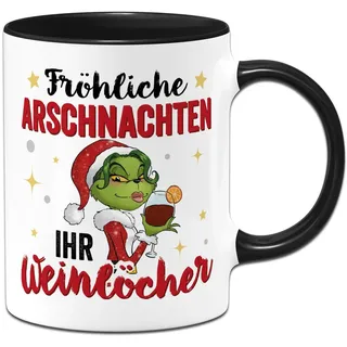 Tassenbrennerei Miss Grinch Tasse - Fröhliche Arschnachten, ihr Weinlöcher! - Weihnachtstasse für Frauen, Kaffeetasse mit Spruch lustig - Geschenk Weihnachten (Schwarz)