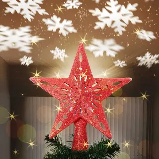 Bakaji Leuchtende Sternspitze mit Lichteffekt und Schneeflocken-Reflexion an der Decke, Höhe 26 cm, Christbaumspitze für den Weihnachtsbaum, Weihnachtsdekoration mit Glitzer (Rot)