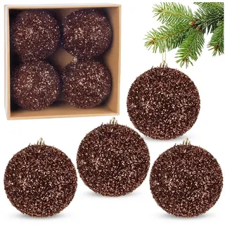 Brubaker Glitzer Weihnachtskugeln - 4er Set Glitter Baumkugeln - Braun | 10 cm große Christbaumkugeln Bruchsicher aus Kunststoff - Christbaumschmuck für Weihnachtsdeko - Weihnachtsbaumkugeln
