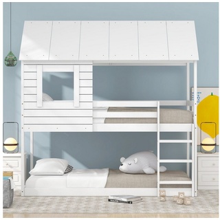 REDOM Bett Kinderbett Holz Etagenbett 90 X 200 cm (mit Dach, Leiter und Lattenrost), Ohne Matratze weiß