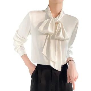 MIDJ Blusen Damen,Elegante Seidenbluse für Damen, O-Ausschnitt, Süße Fliege, Weiße Chiffon-Business-Bluse, Lässig, Lang, Laternenärmel, Sexy Pullover, Hemd für Mädchen, Damen