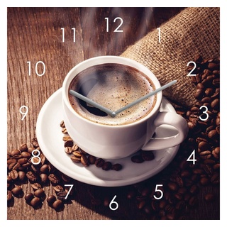 Levandeo® Wanduhr (Wanduhr Glas 20x20cm Kaffee Tasse Coffee Uhr Glasbild Küche Cafe)