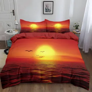 Generisch Bettwäsche 135x200cm Sonnenuntergang Vögel Landschaft Polyester Baumwolle Bettbezug Set, Weich Bügelfrei Bettwäsche-Sets für Kinder Junge Mädchen Zimmer Dekoration, mit Kissenbezüge