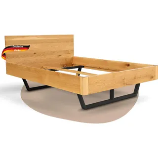 deluke Massivholzbett 160x200cm KEILO Eichenholz Bettrahmen mit Bettkopf, Holzbett naturgeölt, Metallkufen Bettgestell Doppelbett Futonbett