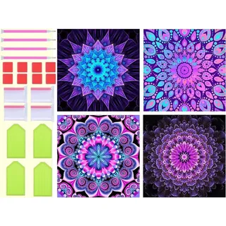 Diamond Painting Lila Mandala Diamant Painting Bilder 4 Stück 20x20cm, DIY 5D Diamond Painting Erwachsene Kinder Voll Eckige Diamant Malere Wohnzimmer Deko Aesthetic, Geschenke für Mama T-2218