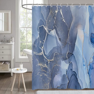 Hnmdmyi Duschvorhang Marmor Optik Blau 180x200, Glitzer Duschvorhänge Gold Riss Abstrakt Modern Luxus Kunst Badewanne Vorhang Wasserdicht Polyester Stoff Waschbar Badevorhang für Badezimmer mit Haken