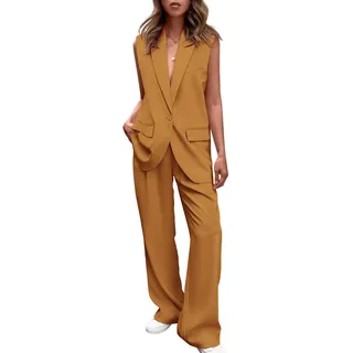 REINNAT Ärmellose Anzugweste und Hose mit weitem Bein für Damen, Business-Casual-Blazer-Set, Braun / Gelb, L - L