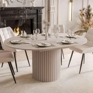 Esstisch Rund Ausziehbar LINNEA Ø 120-160 cm – Säule in Lamellen-Optik – Kaschmir / Beige - Beige
