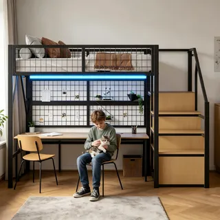 Su & Chan Legence Hochbett 140x200 mit Treppe, Metallbett mit Stauraum, Kleiderschrank und LED, Bettrahmen mit Lattenrost für Kinder und Jugendliche, Schwarz, ohne Matratze