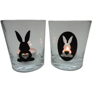 2er Set Teelicht Glas Windlicht print "Hasen mit Herz" schwarz Ostern Handmade